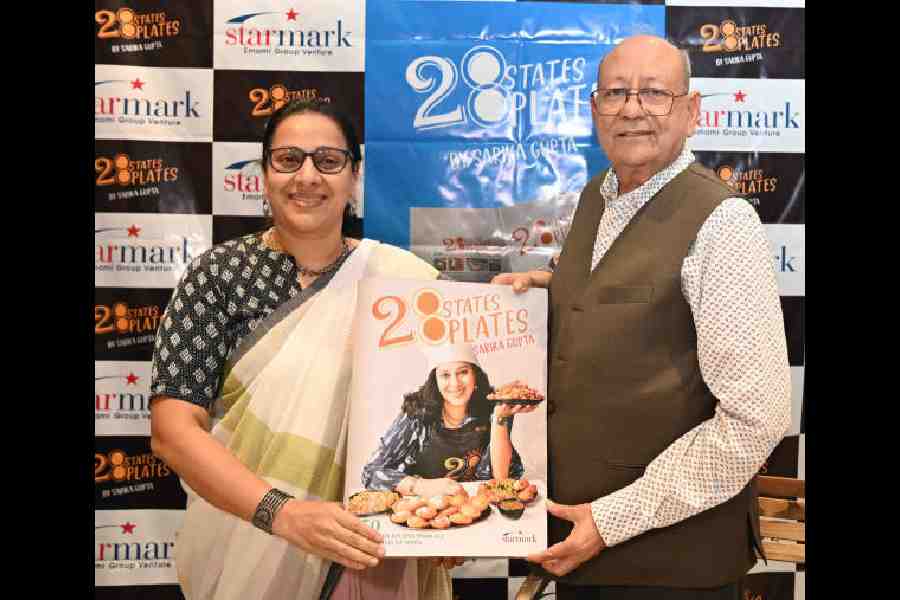 Sarika Gupta during the launch of the book with Radhe Shyam Goenka, co-founder and chairman, Emami group