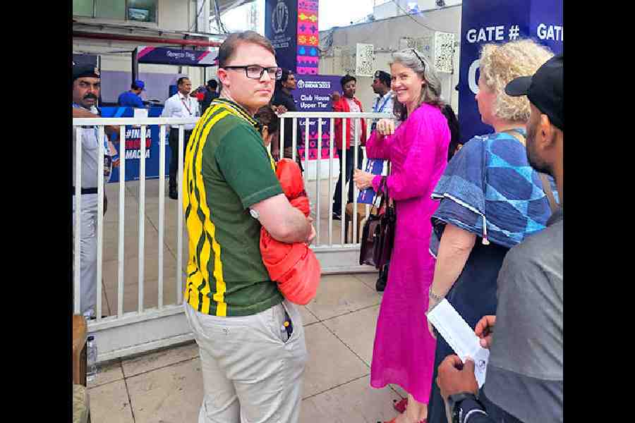 Consul general Rowan Ainsworth and her colleagues at the Eden Gardens gate for the World Cup semi-final