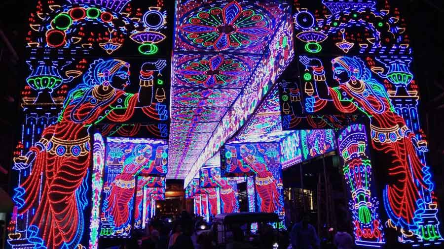 Chandernagore is famous for its illuminations as seen at the Barabazar pandal