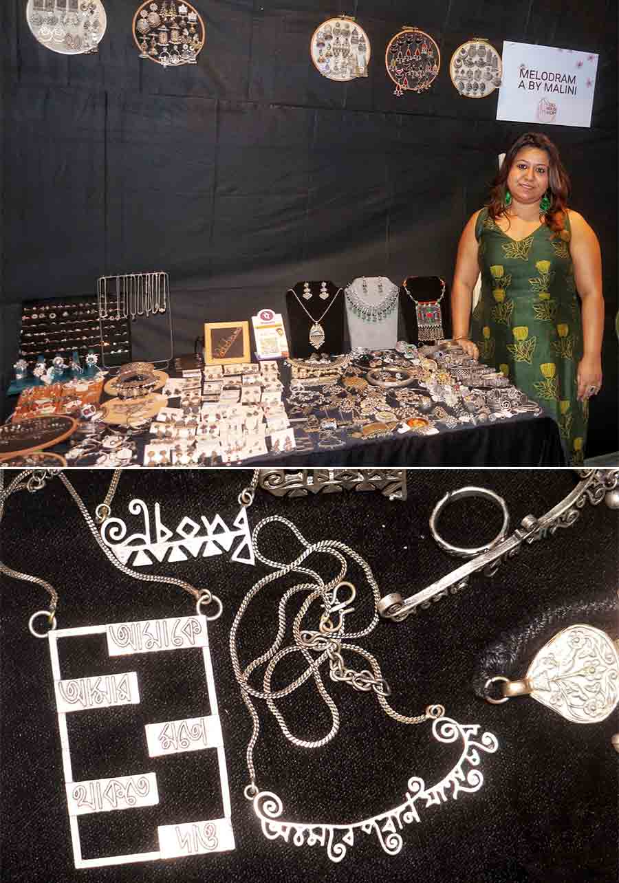 Jewellery enthusiasts can revel in collections featuring resin art and metals from brands like Melodram, Gemini Art and Craft, and Attoja. Melodram by Malini Bhattacharya brought her exclusive collection of pure silver and brass jewellery to the pop-up. Bhattacharya said, “We have been associated with Backyard Pop-up for the last few years. I started this brand very casually with the motive to provide skin-friendly jewellery. Slowly, it expanded and I have a store in Jodhpur Park now. This year, I am excited to feature my exclusive jewellery collection and meet new people through this pop up!” 