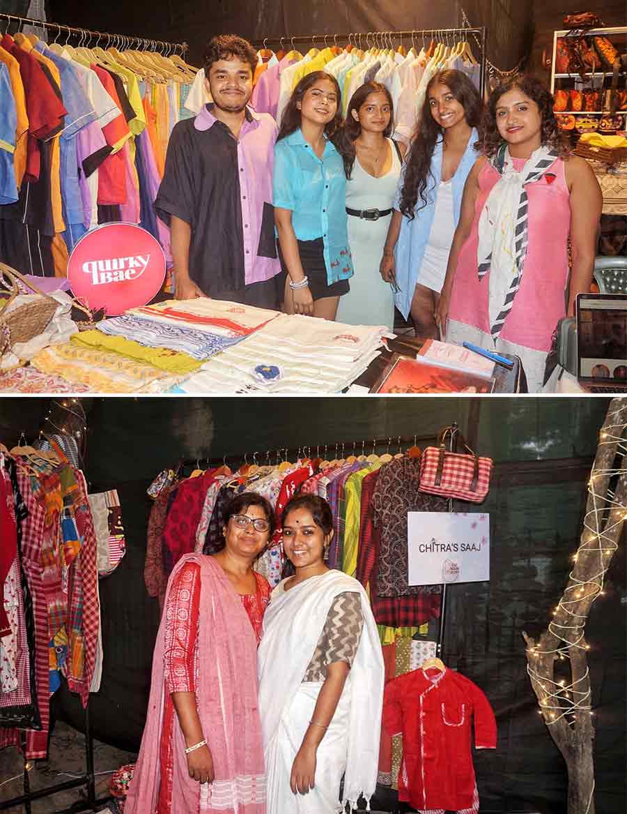 Popular Kolkata clothing brands like Quirky Bae and Chitras Saaj display their sustainable apparel at the pop-up. Quirky Bae offers casual T-shirts, shirts, saris, and more, while Chitras has handwoven saris from the talented 'taantis' of West Bengal