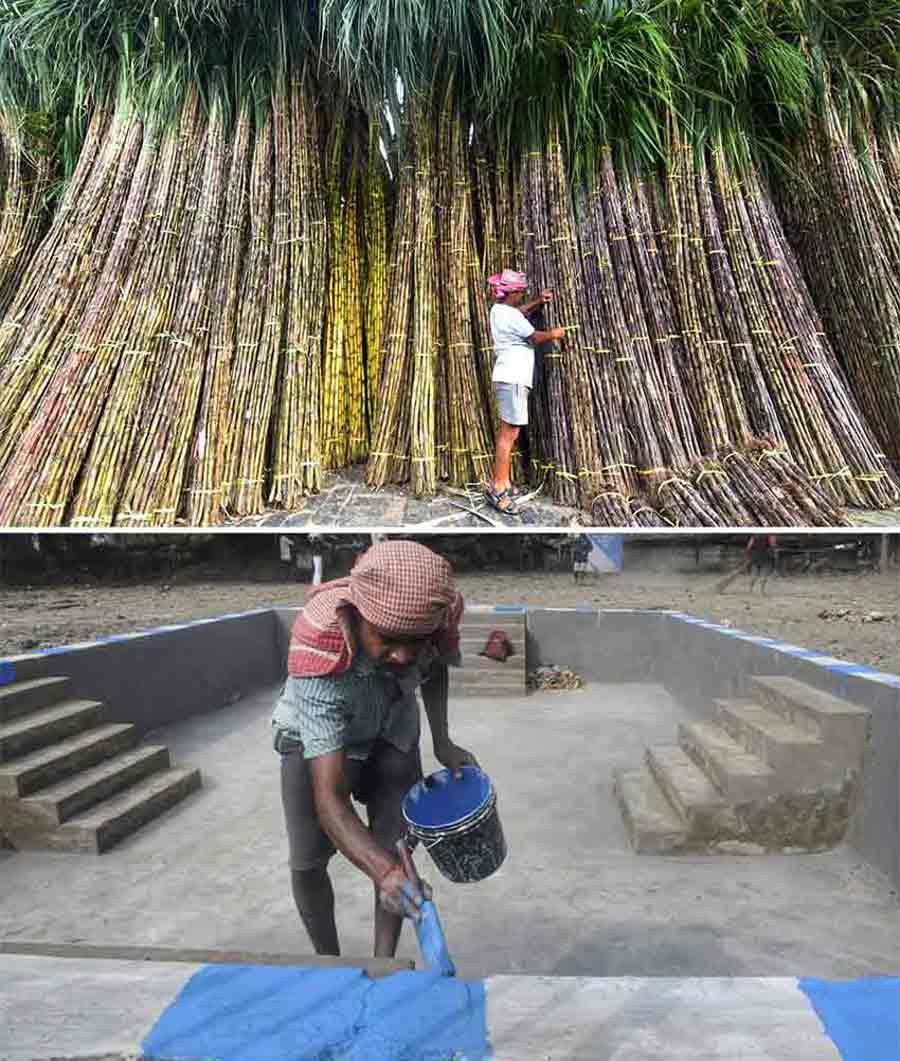 (Top) Sugarcane on sale for Chhath Puja on Kharna on Saturday and (above) an artificial pond being constructed near Prince Anwar Shah Road for Pehli Arghya and Doosri Arghya 