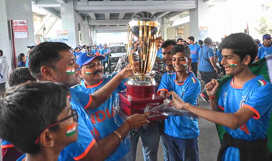 The city of Ahmedabad is bathed in blue and all roads lead to Narendra Modi Stadium, venue of the ICC Men's Cricket World Cup 2023 final between India and Australia.  Team jerseys. Tick. Tricolour headgear. Tick. Faces painted. Ticket. The war is on and these two fans are definitely battle-ready