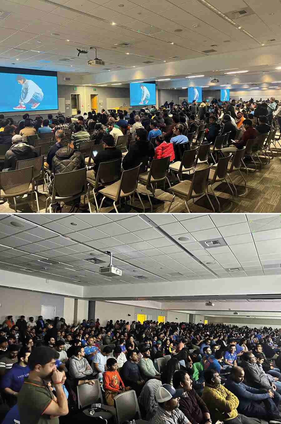 Debarchan Sarkar,44, software engineer, is watching the India-Australia final at the Microsoft headquarters, Redmond, Seattle, Washington, with hundreds of colleagues. “It’s a lavish arrangement in office. Notices were sent out, four screens have been set up for around 750 people to watch the  match.” Employees can help themselves to chairs from a stack — and keep them back when done — and also buy food