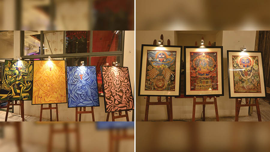 Some of the artwork on display at Kapur Villa, featuring paintings by Partha Dasgupta (left) and Argha Dipta Kar