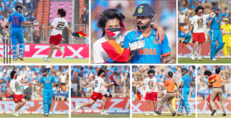 A masked pitch invader wearing a t-shirt saying ‘Stop Bombing Palestine’ runs on to the pitch as Virat Kohli looks on during the ICC Cricket World Cup final between Australia and India in Ahmedabad.