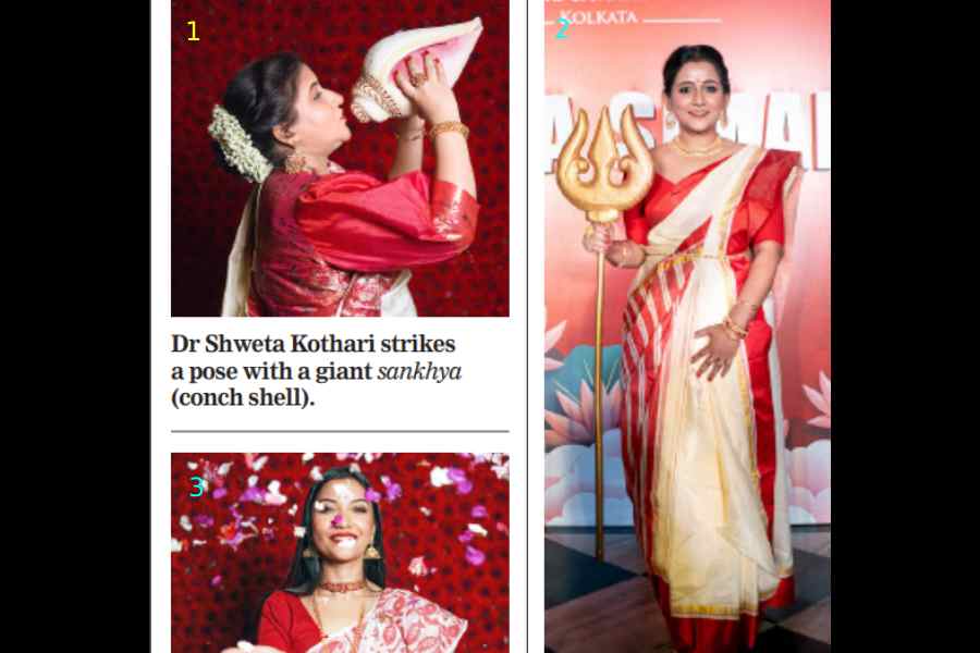 2. Dr Sulagna Giri strikes a pose with the trident, 3. Dr Reddhi Paik in a playful mood with petals