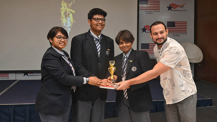 (L-R) Hansini Gayen, Ishaan Mukherjee and Nandini Chaudhuri from Garden High School bagged the third prize. 'The debate was an amazing experience, especially because of its scale and prestige,’ said Mukherjee 