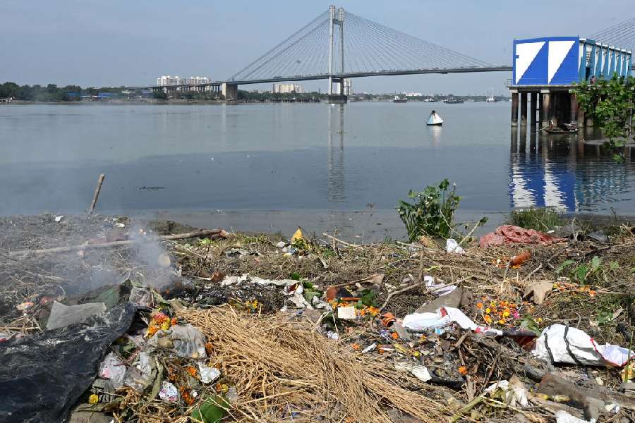 The state of Doi Ghat and (right) Bajekadamtala Ghat after Chhath rituals on Monday morning.
