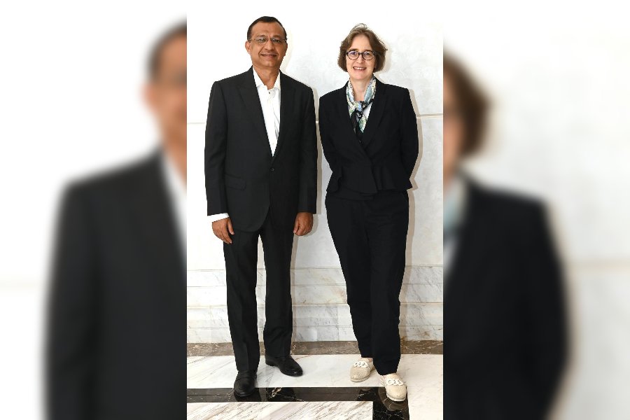 The ambassador of the Grand Duchy of Luxembourg, Peggy Frantzen, with Rajat Dalmia, honorary consul of the Grand Duchy of Luxembourg, in Calcutta on Monday.