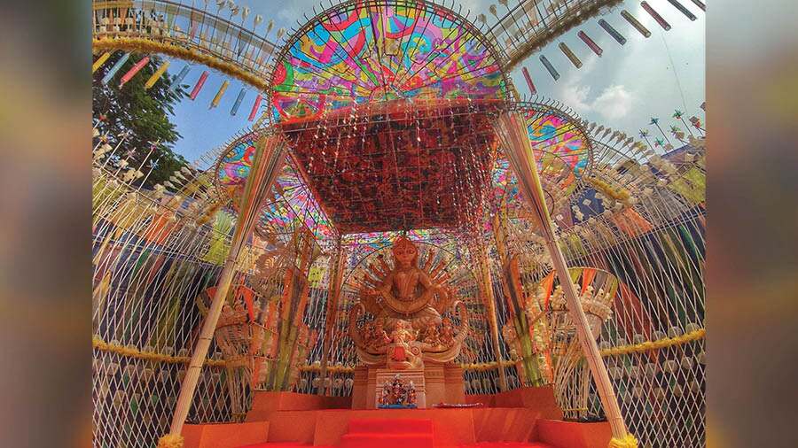 The pandal as seen at Tridhara Sammilani’s Durga Puja this year
