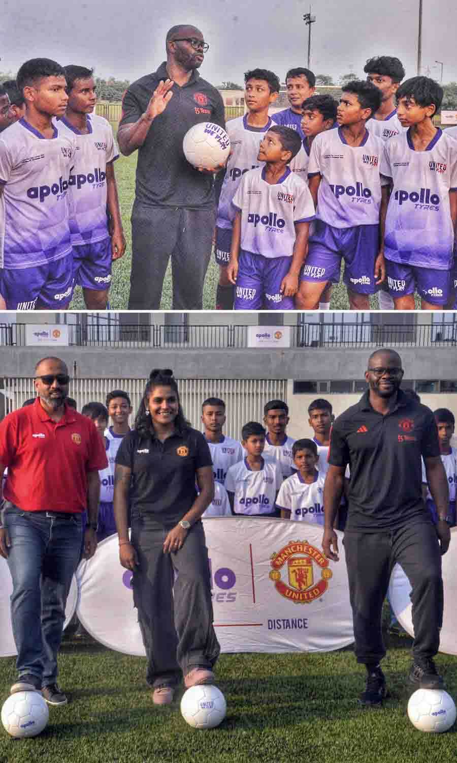  (Top) 2006 FIFA World Cup team member of France and Manchester United footballer Louis Laurent Saha speaks to young footballer at the launch of the fourth edition of the ‘United We Play’ programme in Kolkata on Tuesday and (above) Remus D’Cruz, marketing head, sports and communities, Apollo Tyres and woman footballer Aditi Chauhan pose with Saha at the event