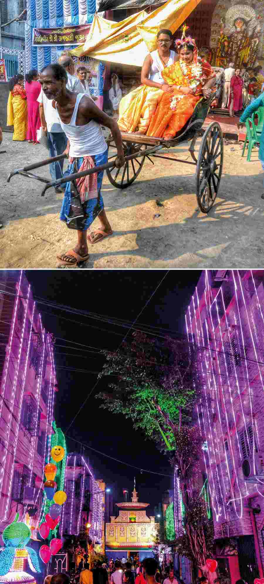 (Top) A young girl is ferried to the Ahiritola Sarbojanin Jagaddhatri Puja pandal for Kumari puja on Tuesday and (bottom) the Baghbazar Sather Palli Club puja pandal captures vibrant celebrations surrounding the theme of Mohun Bagan football club