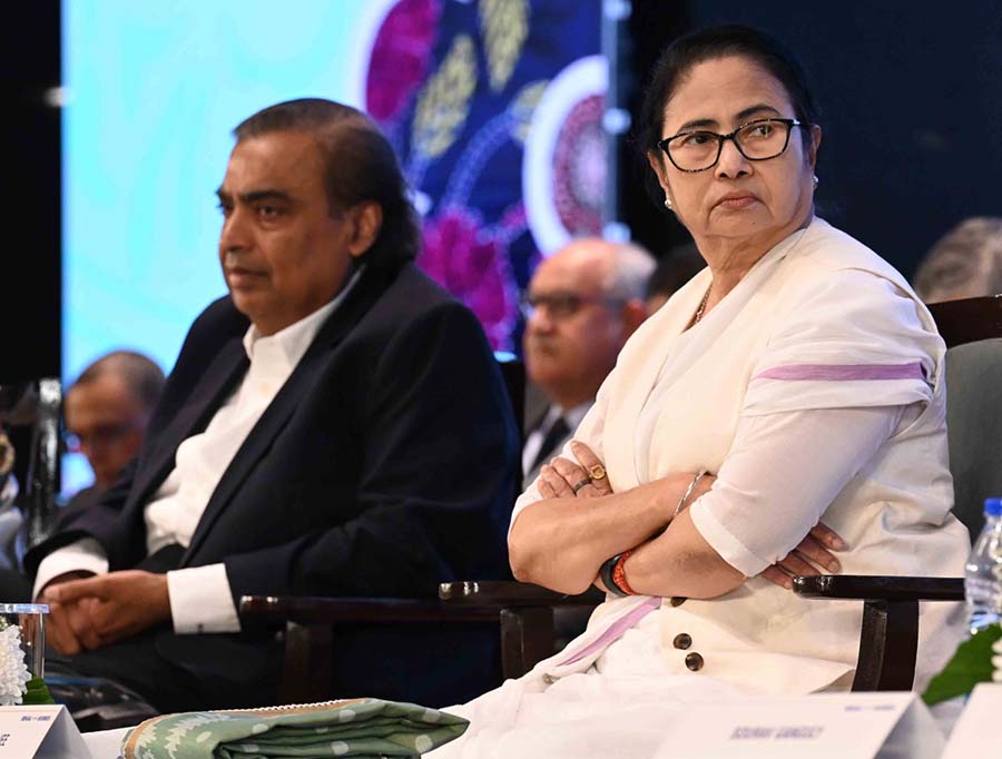 Mamata Banerjee looks around during the summit. The focus sectors at the two-day BGBS 2023 are MSME, textiles, engineering, energy, transport and urban infrastructure, real estate, agriculture, tourism and international trade and logistics, officials said