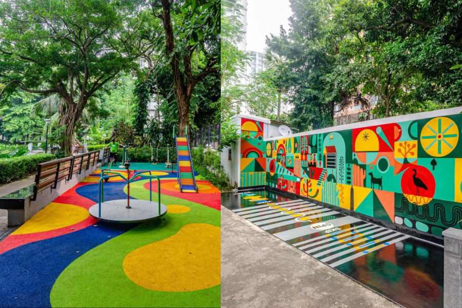 Brightly-painted children’s play area and floor games for toddlers, like hopscotch, attract the little ones to the park.