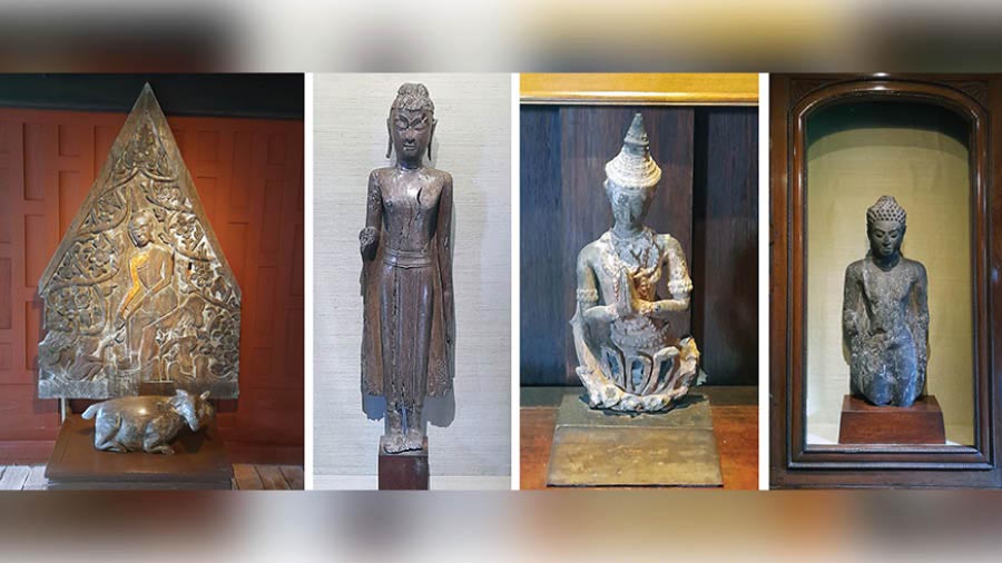 A collage of artefacts in display at the Jim Thompson House Museum