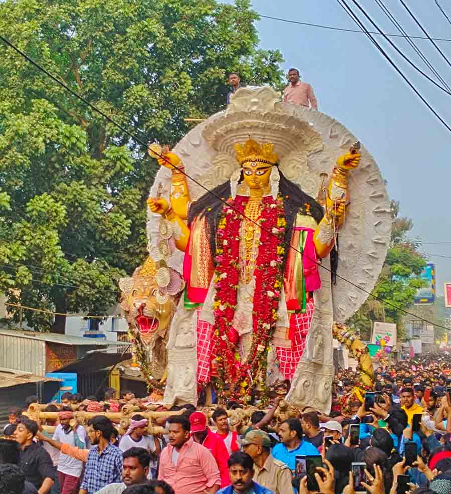 The immersion procession of a Jagaddhatri idol at Krishnanagar on Thursday