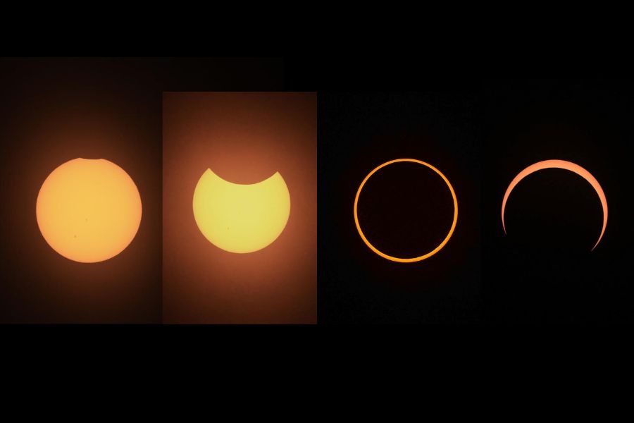 (L-R) First contact, Eclipse in progress, Annularity = Ring of Fire, Beginning of the exit