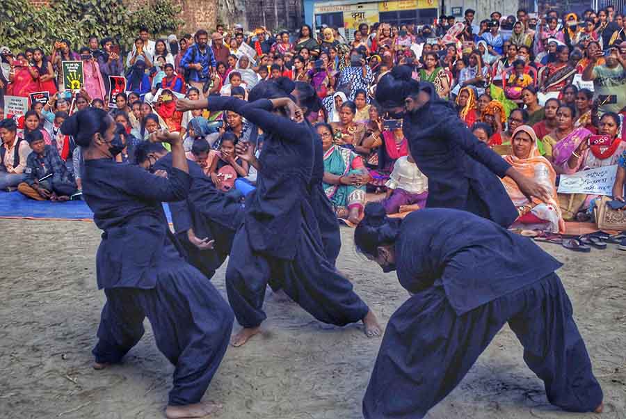 A street play being enacted at CIT Road on Saturday as part of a mass awareness rally regarding prevention of sexual harassment at workplace on International Day Against Violence Against Women 