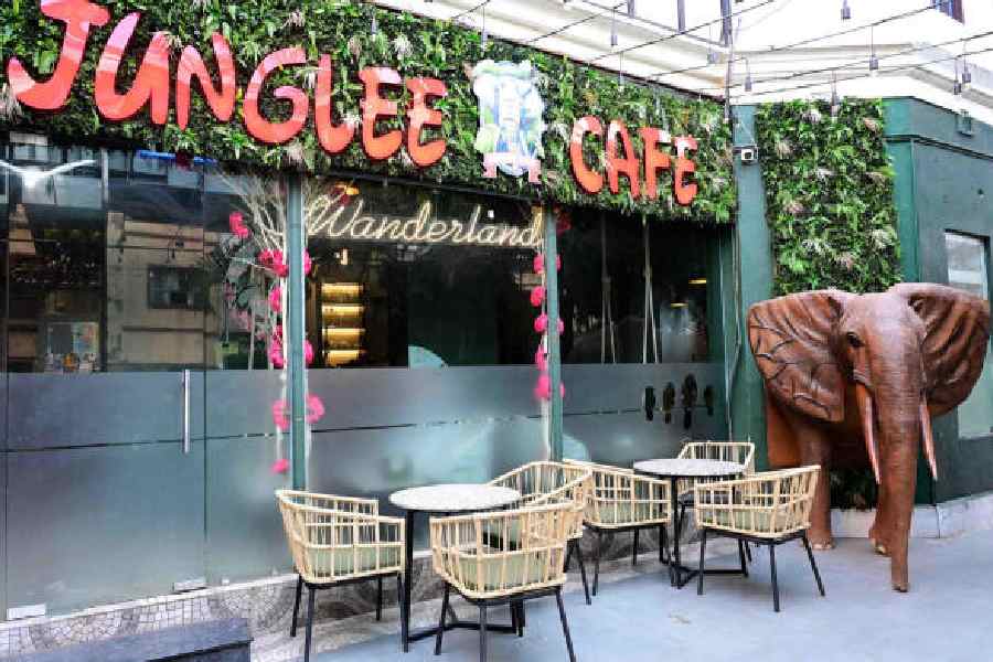 Junglee Cafe boasts an alfresco area with a wooden elephant installation to complete the vibe of the place.