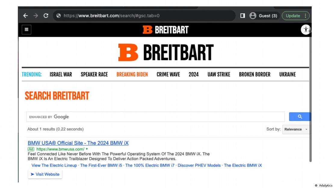 Advertisements for the German carmaker BMW were found on Breitbart News, a far-right news portal