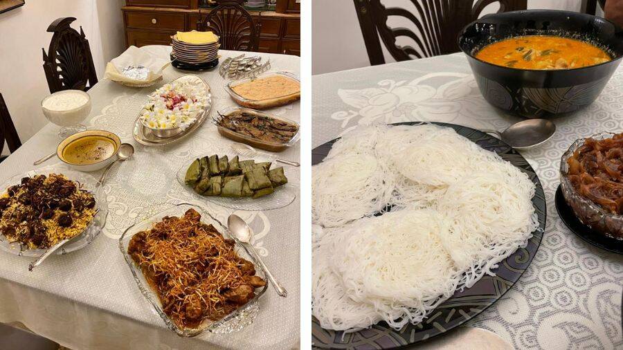 A Parsi spread by Nilufer with chicken sali, berry pulao, patrani macchhi, dhansak and more, and (right) Sri Lankan string hoppers and curry