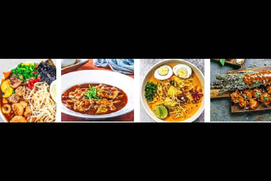 (l-r) A comforting bowl of ramen, Lamb in Bell Pepper, Red Chillies and Cashew Nuts, Khao Suey, Lobster in sauce of your choice