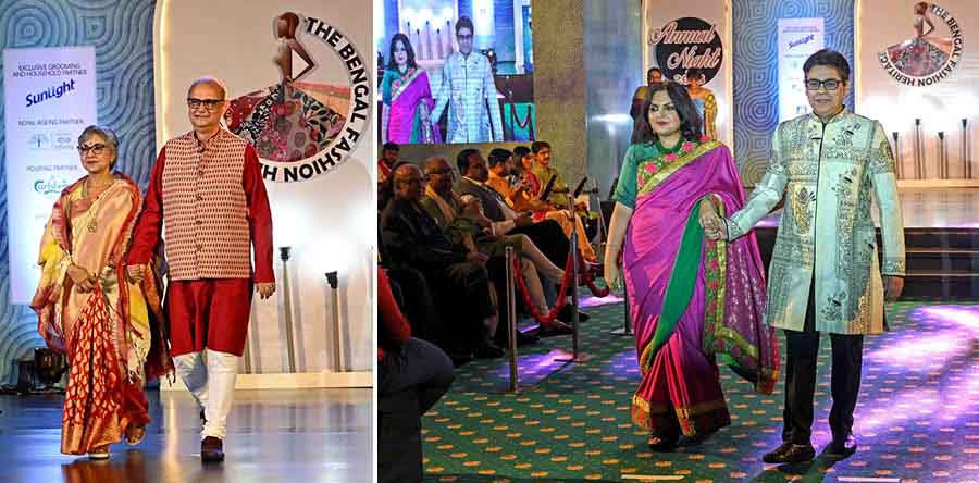 (Left) The walk was commenced by Subir Chakraborty, immediate past president, BCC&I and managing director & chief executive officer, Exide Industries Limited and Nandini Mukherjee. (Right) Followed by Vipul Chaturvedi, general manager - East, Hindustan Unilever Limited in a  kurta by Sharbari’s Studio and Mudita Chaturvedi in a pink silk sari by Abhishek Ray