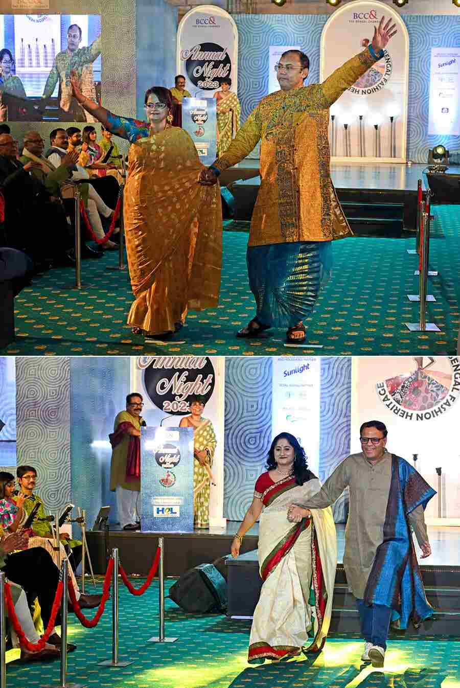 (Top) Abhijit Bandyopadhyay struts in a Sharbari’s Studio silk kurta with wife Nandini Bandyopadhyay in a sari by the same label. (Above) Jitendra Kumar, company secretary & president (legal & corporate affairs), Exide Industries Limited, adorns a stole by Sharbari’s Studio with spouse Harshida Khodiar in a white and red silk sari by Abhishek Ray