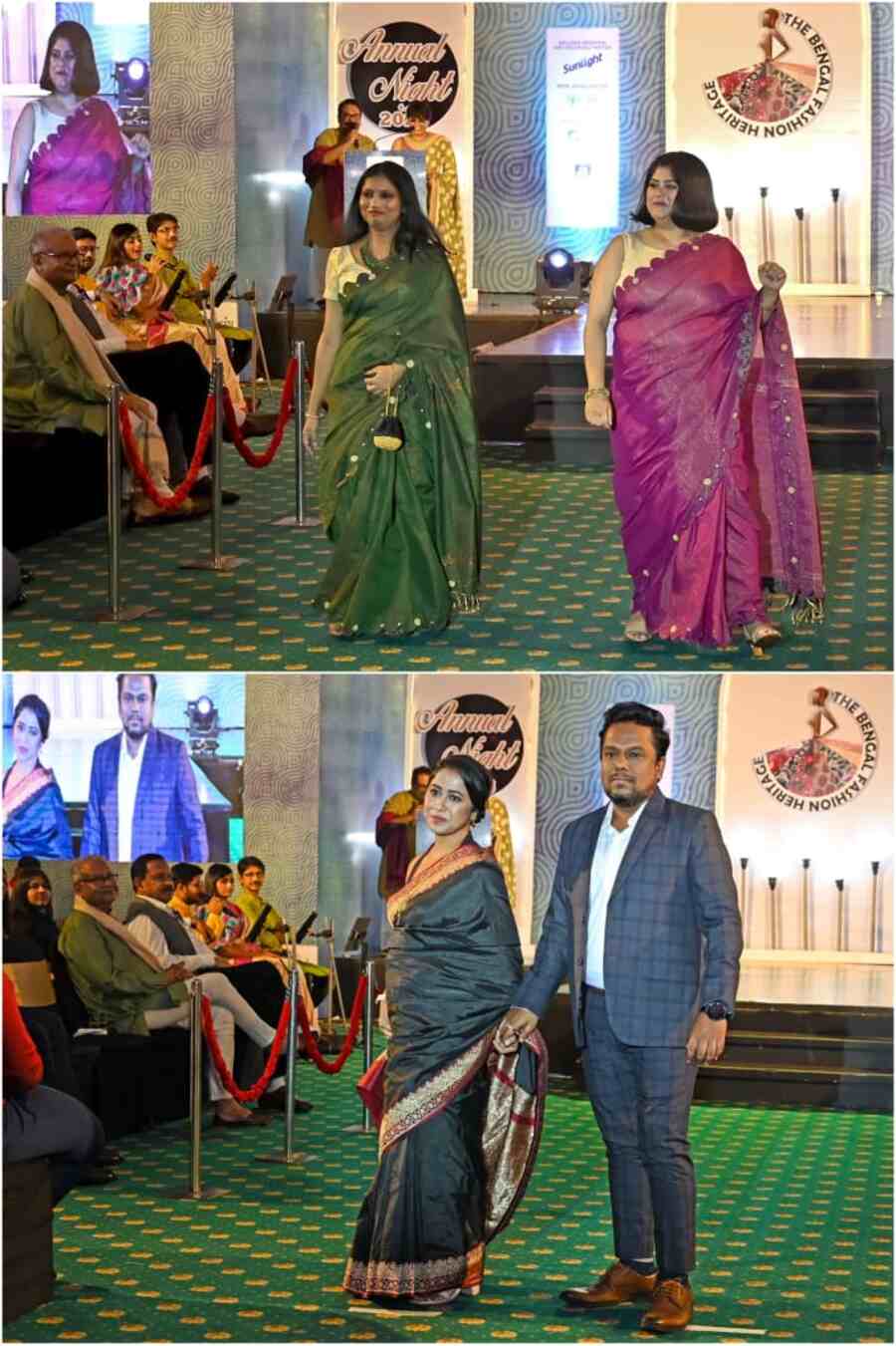 (Top) Secretariat members Tania Chakraborty and Sarbani Sett in saris by Abhishek Ray (Above) Liza Mazumder and Joy Bhowmick