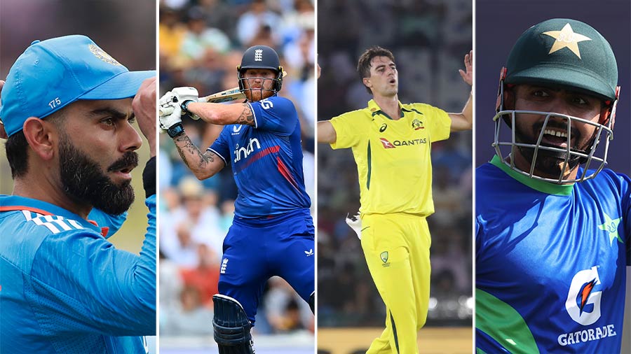 (L-R) Virat Kohli, Ben Stokes, Pat Cummins and Babar Azam are among the stars who will look to set the ICC Men’s Cricket World Cup alight
