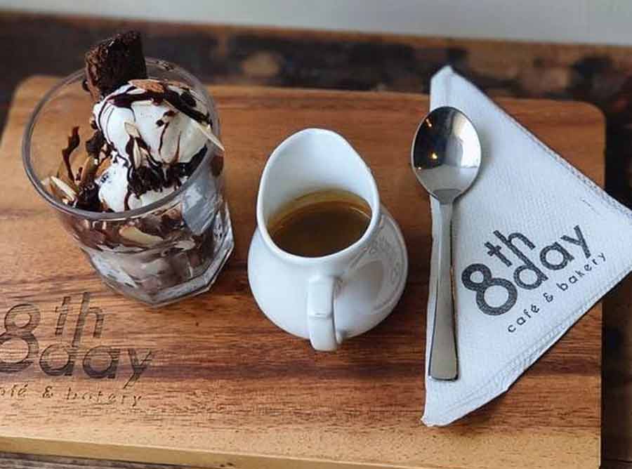 8th Day Cafe & Bakery: If you are in or around Mullick Bazar, Hindustan Park or Salt Lake, and if you love espresso and ice cream, the much-loved 8th Day has a regular Affogato at Rs. 249 and a Brownie Sundae Affogato at Rs. 289. We suggest starting with a Tree-Layer Tortilla with some good ol’ Chicken Caesar Salad, and ending with one of the affogato picks