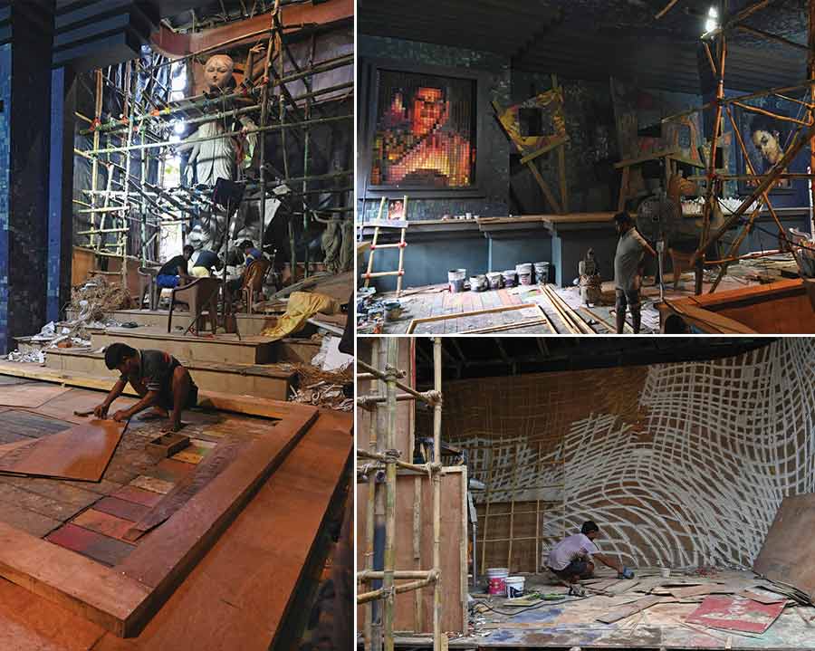 The theme at Jagat Mukherjee Park Durga Puja near Shyambazar is ‘Phool di’. How aspiring artists create their art looking at a model sitting still for hours. The model is being referred here as ‘Phool Kumari’