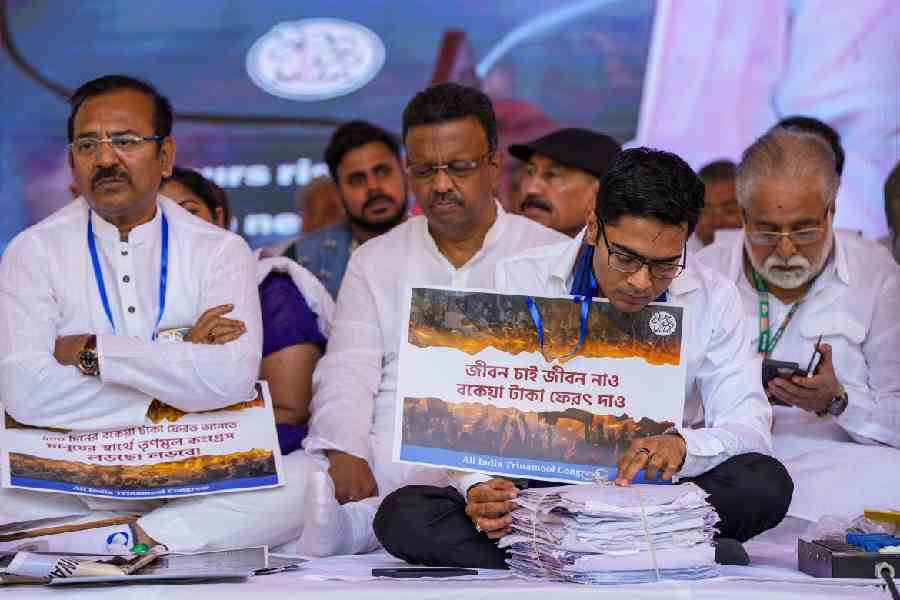 TMC National General Secretary Abhishek Banerjee with party leaders during a protest against the central government over the alleged denial of MGNREGA scheme funds to the West Bengal government, at Jantar Mantar in New Delhi.