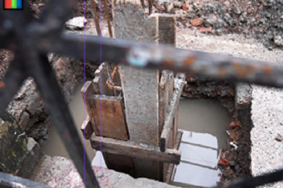 Accumulated water at a construction site inside Shyama-prasad Colony on Tuesday