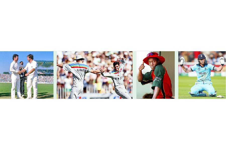 FROM THE WORLD CUP ALBUM: (From left) Allan Border and Mike Gatting before the 1987 Cup final, New Zealand’s Dipak Patel celebrates a wicket with teammate Chris Cairns during the 1992 Cup, Zimbabwe’s Henry Olonga sports the black armband as a mark of protest during the 2003 tournament and England’s Ben Stokes reacts after the ball accidentally gets deflected off his bat for four bye runs during the 2019 final against New Zealand.