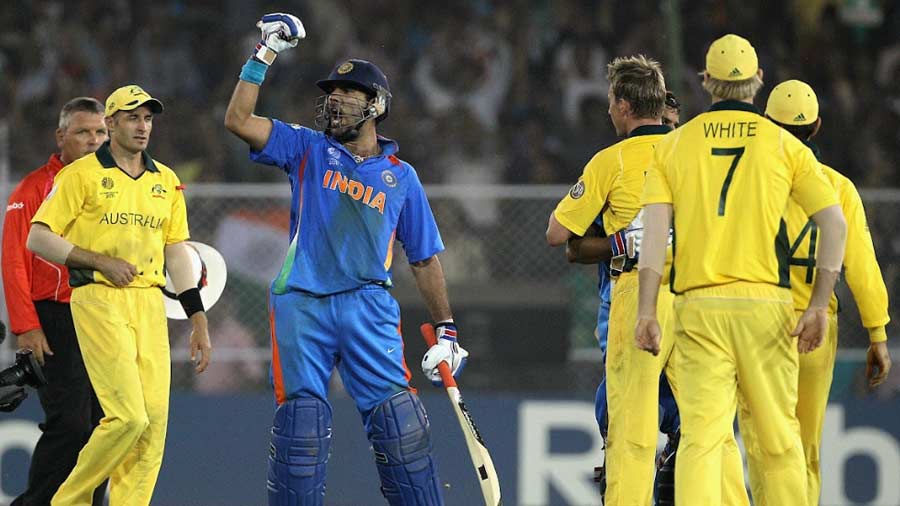 An ecstatic Yuvraj Singh after India beat Australia in the quarter-finals in 2011, a stage of the tournament that has been scrapped altogether for 2023
