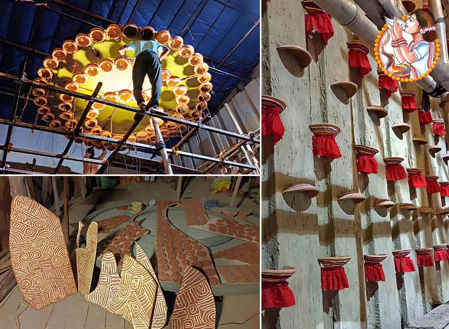 Shiv Mandir Durga Puja has decided upon ‘Shakti Ondore Ontore’ as its central theme. Most of the interiors have been done up in bamboo work and clay, both of which are eco-friendly