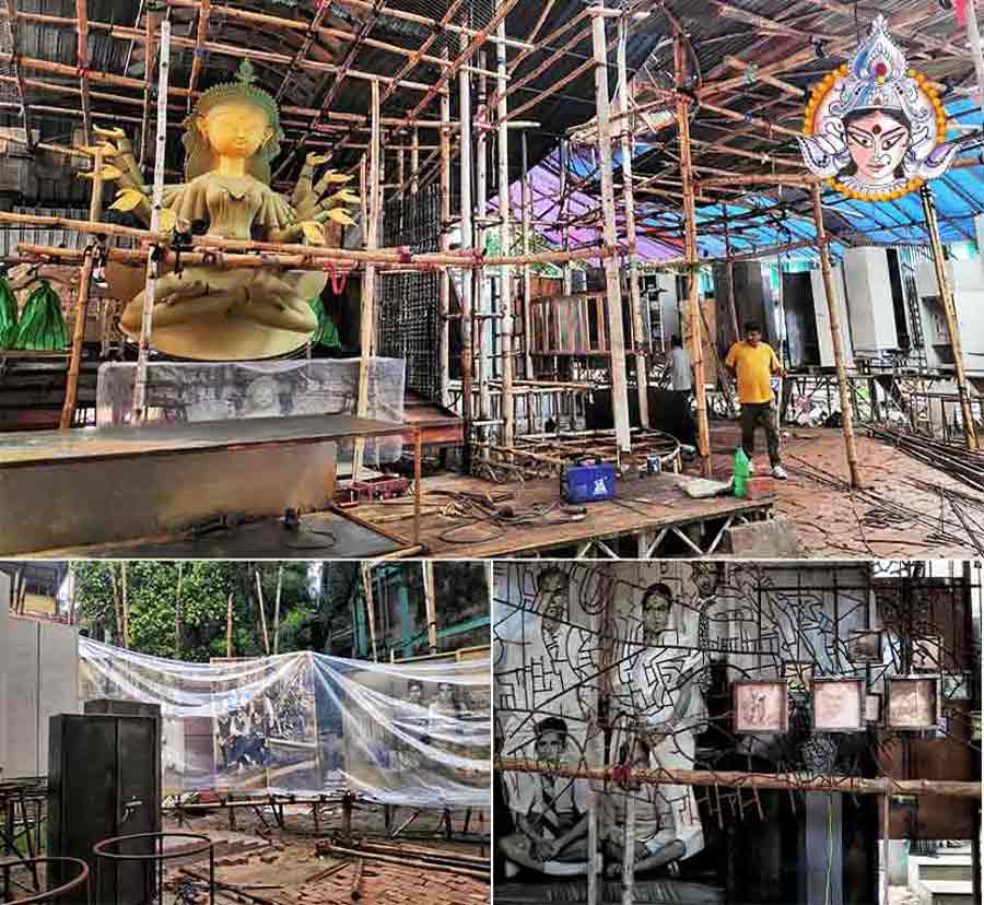 The Naktala Udayan Sangha, in its 37th year, has a theme ‘Arambho’ (The Beginning). This year, the puja has replaced all these flex hoardings with eco-friendly canvas 