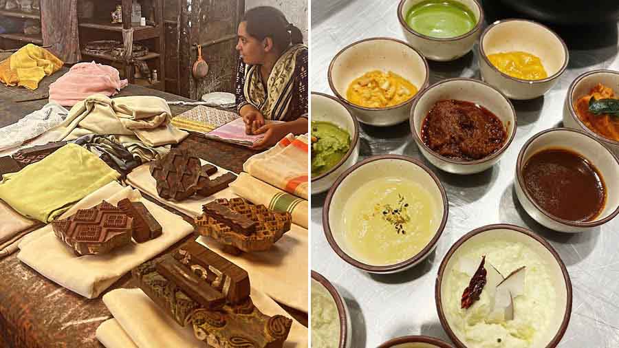 Textile research for Madam G’s interiors at one of Kolkata’s oldest screen printing and block printing units and (right) sampling some of the chutneys that will be on the menu 