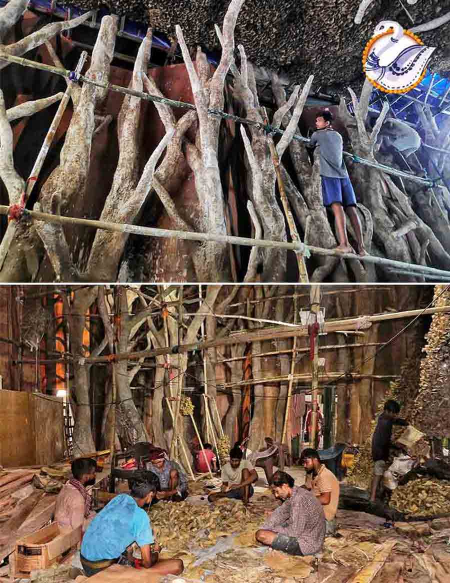 The theme for Badamtala Ashar Sangha, a popular Durga Puja just off Rashbehari More, is ‘Protiroop’ (replica). The pandal this year is being made with 10,00,000 saal leaves, dry branches and trunks of trees, ropes made from coconut fibres. Along with ambient lighting, the idol of the goddess and her children in the mammoth pandal truly promises to give visitors a never-before experience