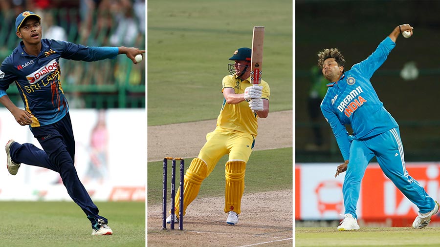 Even as the world’s eyes remain glued on the likes of Virat Kohli, Ben Stokes, Babar Azam and Pat Cummins at the ongoing ICC Men’s Cricket World Cup in India, a new generation of talents also commands attention. A generation that can take the World Cup by storm and emerge as the defining players for their teams, taking on more of the mantle for success than initially expected. With that in mind, My Kolkata picks an XI of players looking to break out at this World Cup, including, (L-R) Dunith Wellalage, Cameron Green and Kuldeep Yadav