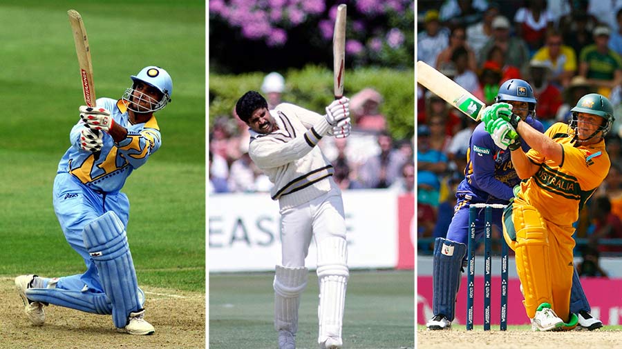 With the latest edition of the ICC Men’s Cricket World Cup underway in India, My Kolkata digs through the vault of splendid World Cup knocks to pick 10 of the very best, including career-defining innings by the likes of (L-R) Sourav Ganguly, Kapil Dev and Adam Gilchrist 