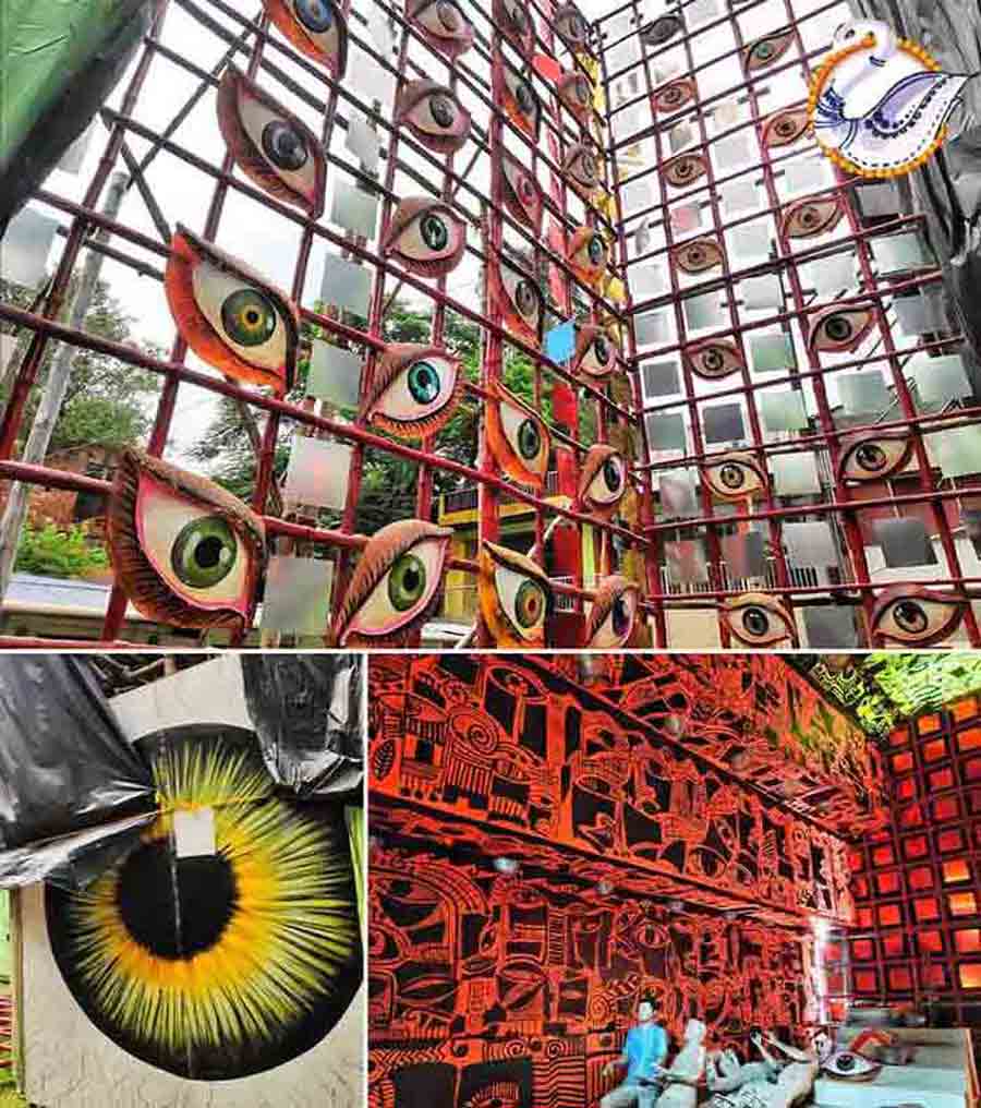 The theme of the puja conducted by Jodhpur Park Saradiya Utsab Committee this year is ‘Punorjonmo’ (Rebirth). Elucidating on the theme, club general secretary Sumanta Ray said: ‘The idea of the theme is to raise awareness about eye donation. Encourage people to donate eyes to give the gift of sight to the blind. Through abstract painting, the pandal will have different eyes drawn as props. The eyes of the idol are given focus to make it look more artistic. The process of eye donation will also be illustrated in the pandal through paintings and props’