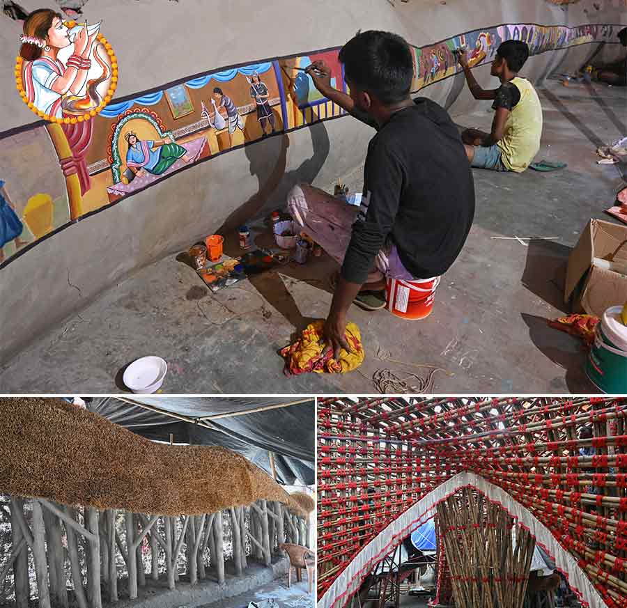 The theme for Dum Dum Bharat Chakra Club this year is ‘Bhranti’ (fallacy). The theme portrays an illusion of human beings. ‘The pandal and props show how we all are puppets in the hands of the almighty. Puppets and paintings will tell traditional legends,’ said Manoj Chakraborty, club joint secretary. ‘We are working with illusions this time. We, as humans love to take credit of everything we do but things happen according to the will of the almighty. So we will have paintings narrating legendary stories of the human evolution that will portray the Supreme Power’s intervention’