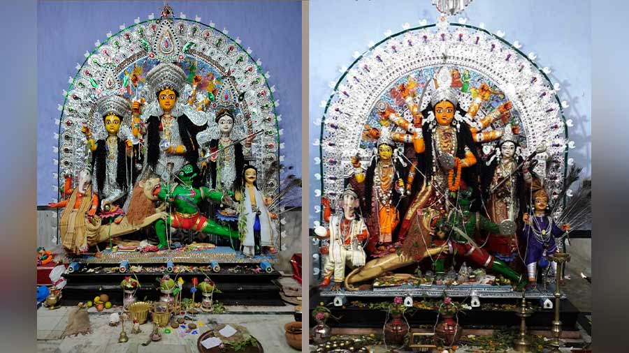 ‘Baro taraf’ Durga of Surul Sarkar family is adorned with ‘daaker saaj’, while on the right the ‘choto taraf’ Durga wears a Banarasi saree