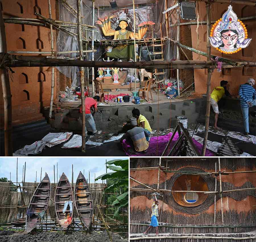 Dum Dum Park Tarun Sangha has decided to surprise everyone this year through its theme on relationships, ‘Samparka’. This puja committee will highlight the relationship between nature and God with people. Country boats, bamboos, coconut coir, dry branches of trees and a host of eco-friendly raw materials are being used to make the pandal and its decorations 