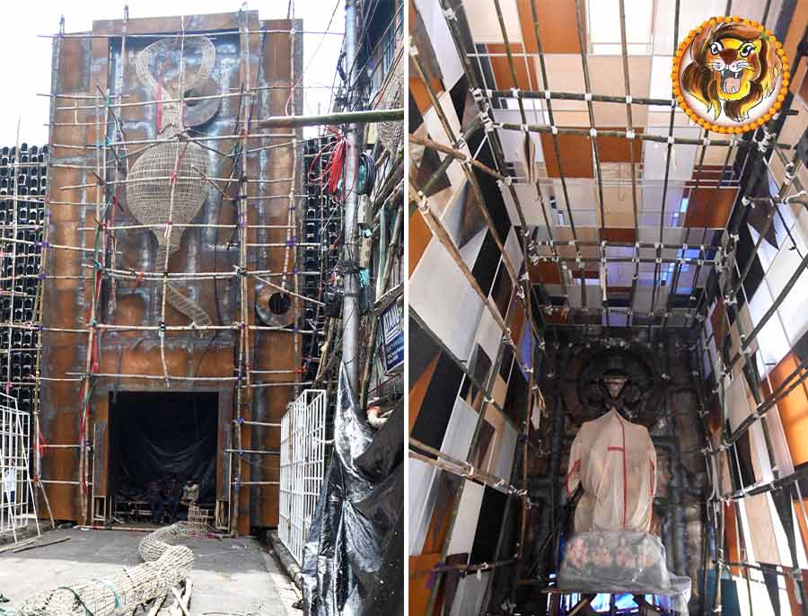 The theme for Hatibagan Sarbojanin in its 89th year is ‘Dosor’ (The Companion). The idea behind the theme is a companion cannot be made, companionship happens without any demands. That relation is being portrayed through a lot of metalwork in the props and the pandal decorations. Big oil tins have been carved into lamp stands