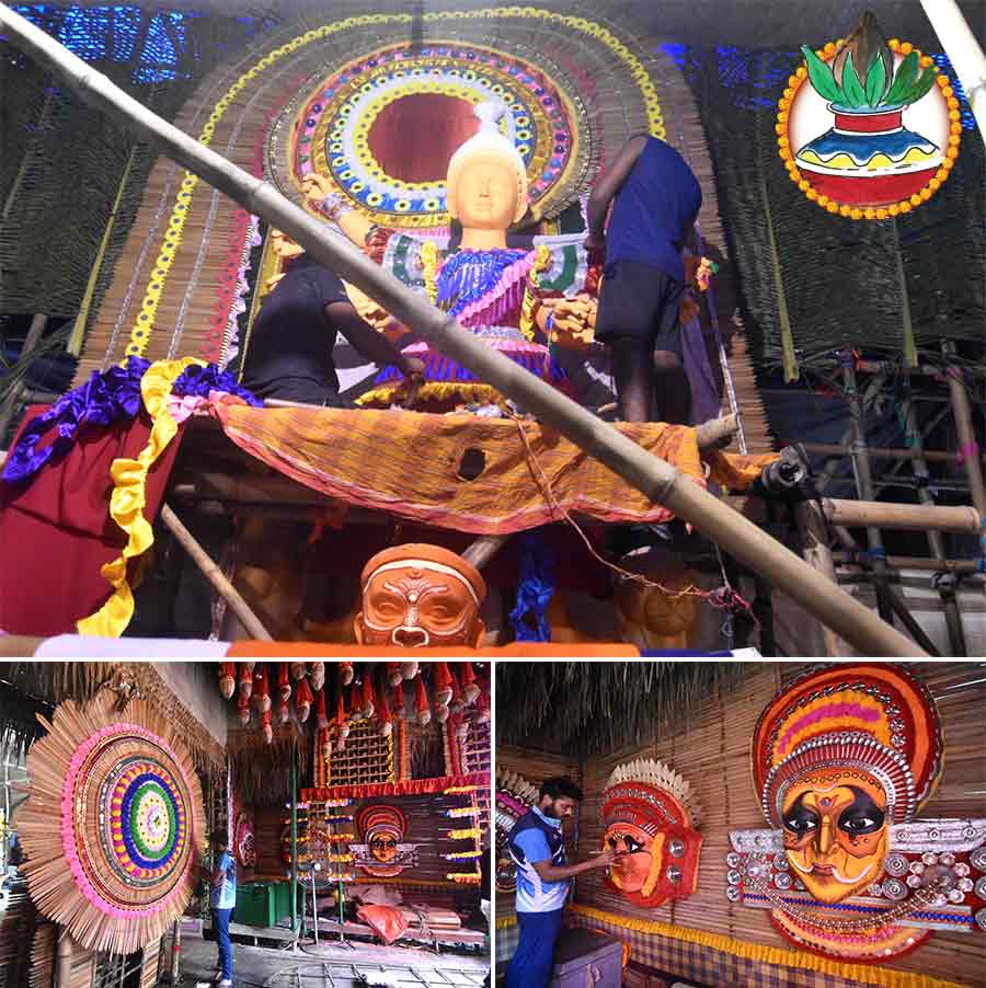 The theme of Jorasanko Sadharan Durgotsab Samity in its 87th year is ‘Ayiswarik’ (Divine). The brain behind the theme, Prasanta Paul, said the puja has drawn its inspiration from South India. Big colourful masks would adorn the interiors of the pandal. Artists could been seen busy at giving the finishing touches to paintings  
