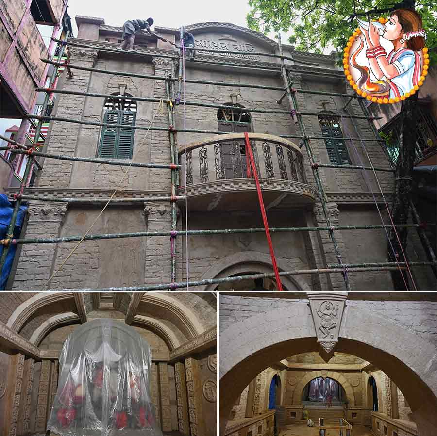 The theme for Ahiritola Jubak Brinda is ‘Aamader Ghorer Durga - Ma-er Bari’ (Our Very Own Durga - Mother’s Abode’, implying Sri Sri Ramakrishna Paramhansa’s wife Sri Sarada Ma. Her residence at Bagbazar in north Kolkata draws hundreds of visitors throughout the year. The pandal is a replica of that heritage building 